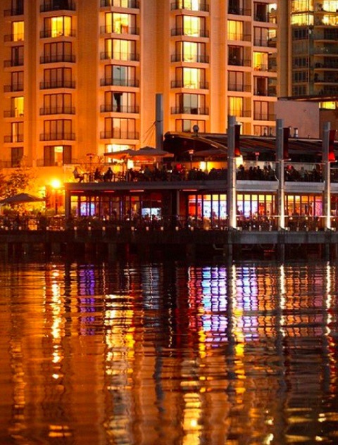 Lift Bar & Grill View on the Coal Harbour waterfront in Vancouver, lit up at night