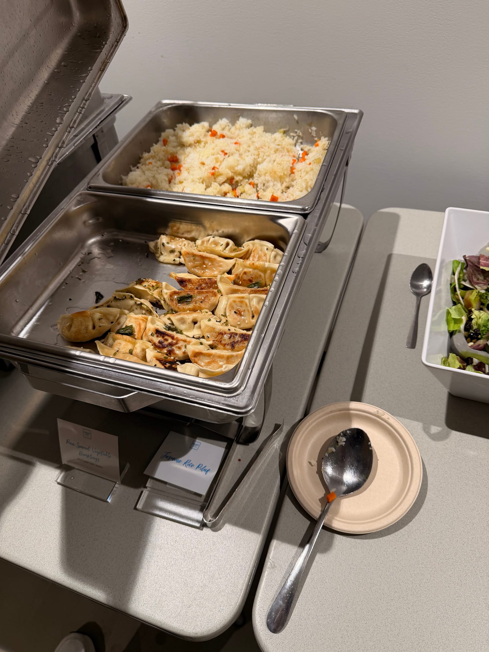 The full buffet line: a chafing dish of rice sitting directly above a tray of dumplings, with a shared serving spoon resting on a plate just beside them and a few stray grains scattered nearby.