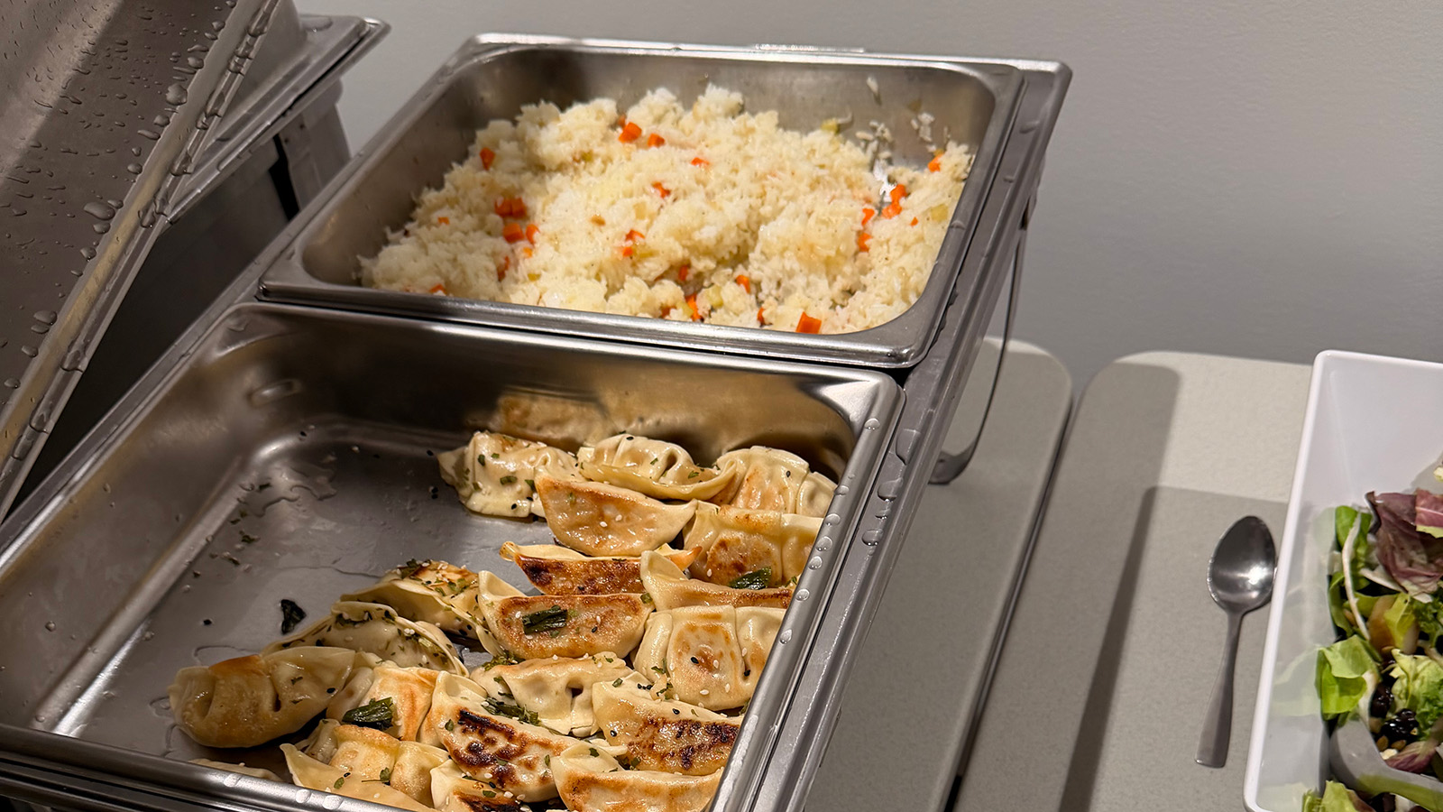 A catered buffet: a chafing dish of rice above a chafing dish of pan-fried dumplings, with a shared serving spoon resting on the counter beside a bowl of salad.