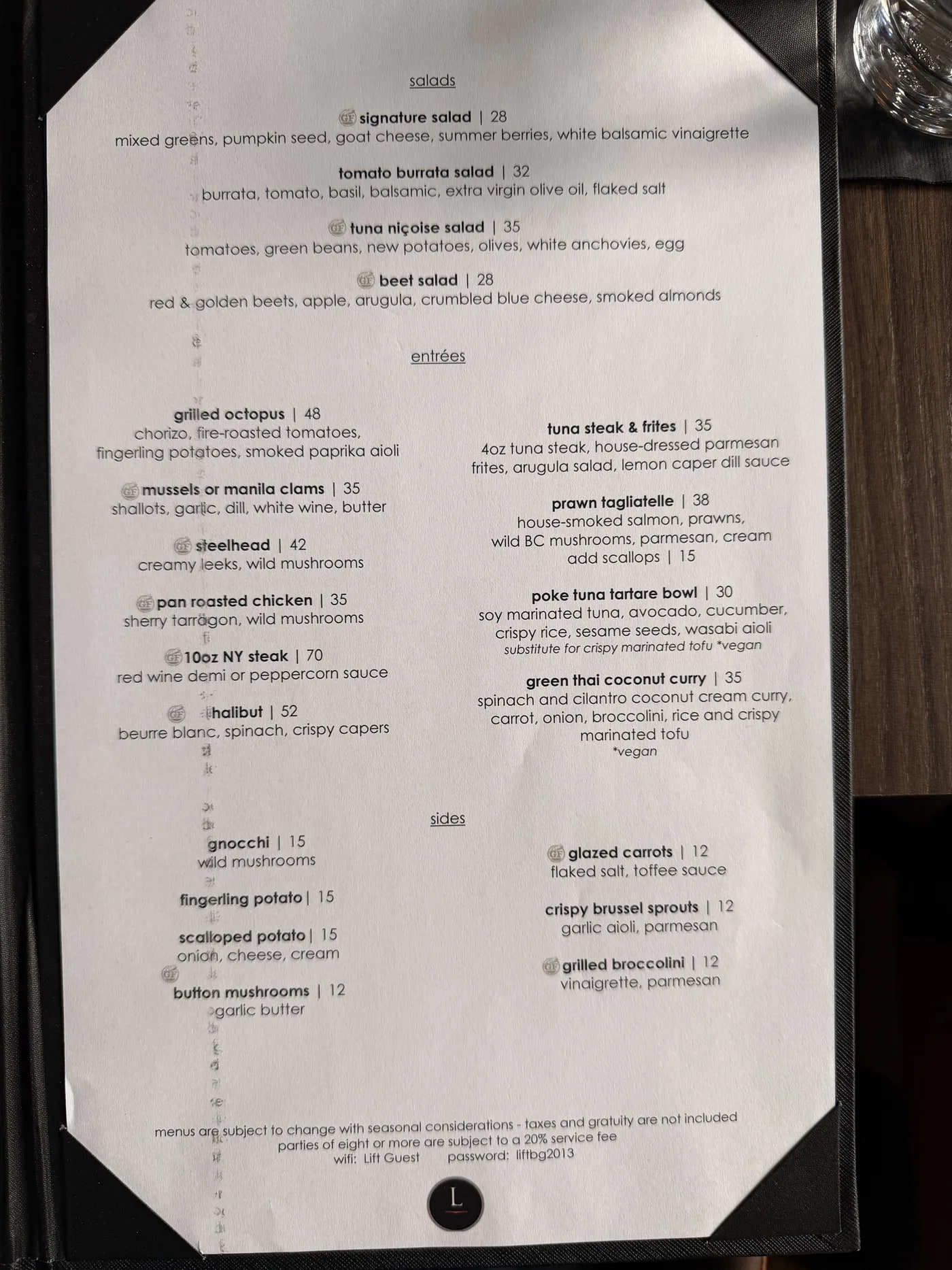 Lift Bar Grill View dinner menu, with several items marked gluten-free