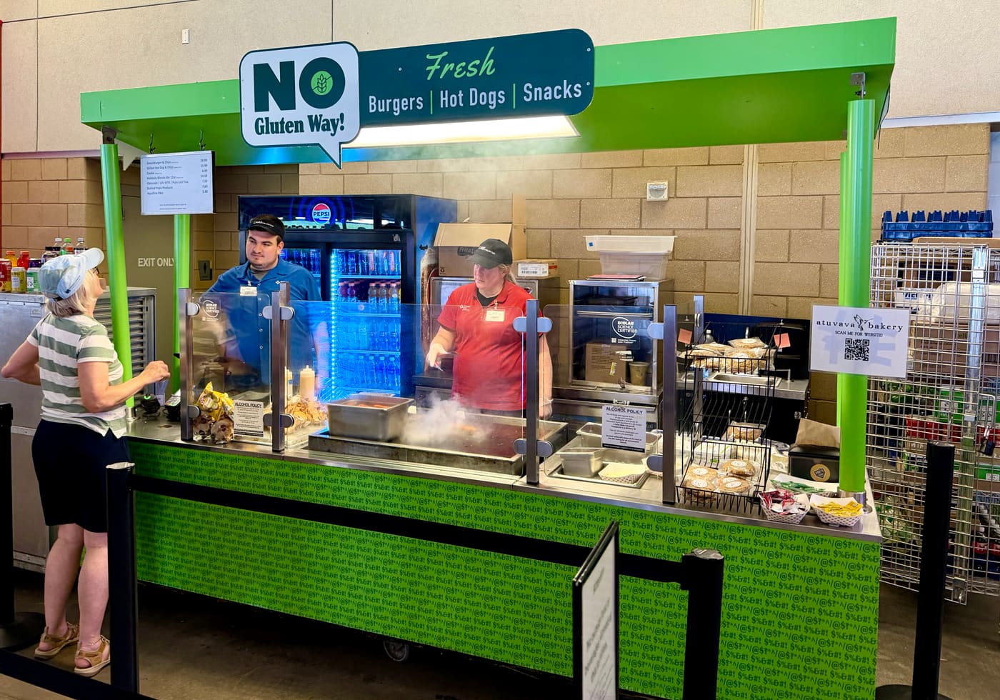 The "No Gluten Way!" stand at Target Field — a green concession booth advertising fresh gluten-free burgers, hot dogs, and snacks.