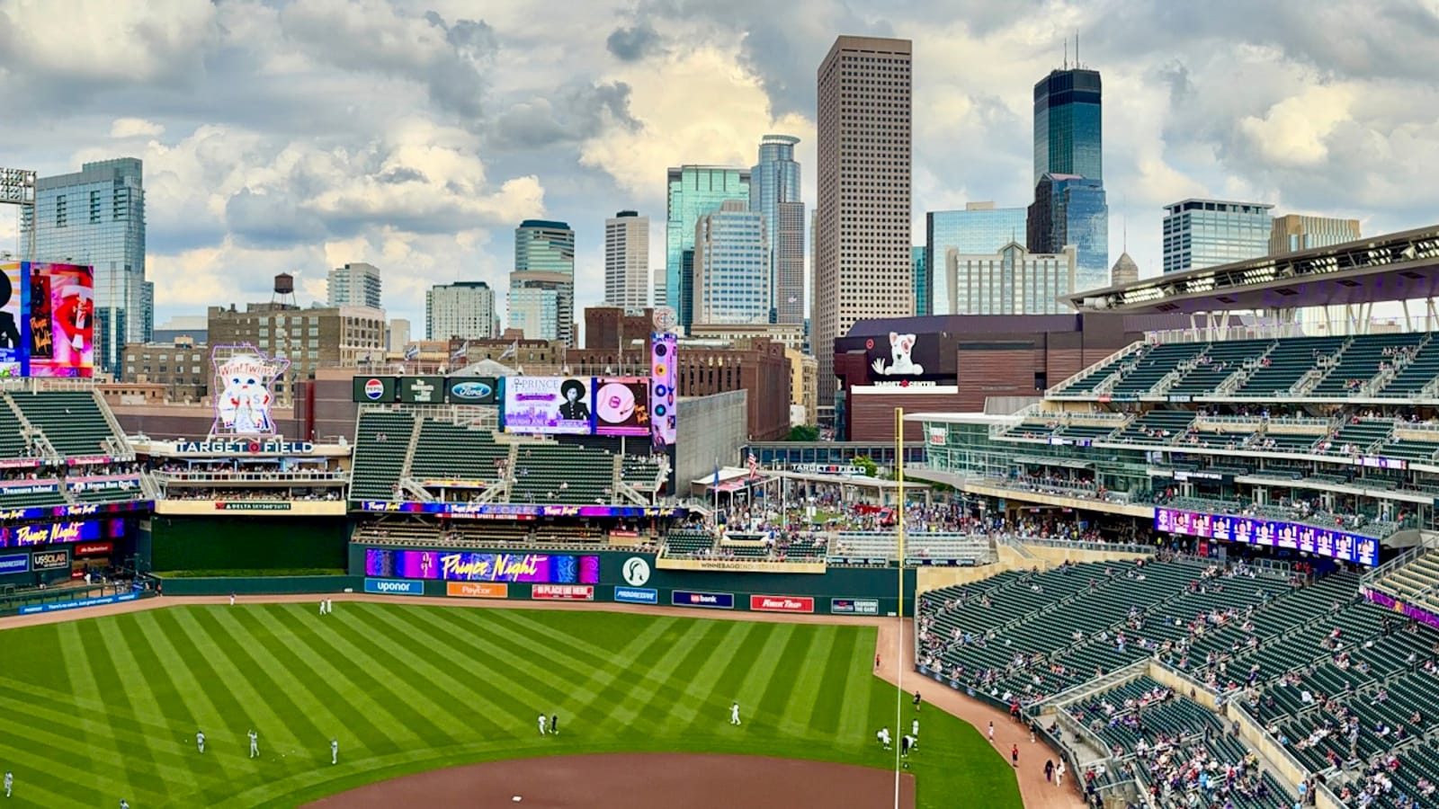 Target Field with the Minneapolis skyline behind the outfield, before a Twins game.